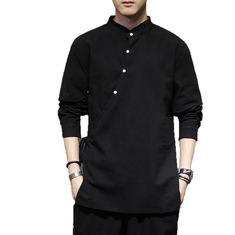 Nimara Ritual Plain Lace-Up Simple Button Design Men's Long Sleeve Cotton Linen Shirt Clothing