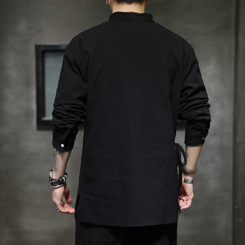 Nimara Ritual Plain Lace-Up Simple Button Design Men's Long Sleeve Cotton Linen Shirt Clothing