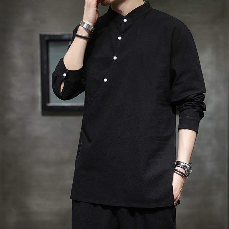 Nimara Ritual Plain Lace-Up Simple Button Design Men's Long Sleeve Cotton Linen Shirt Clothing