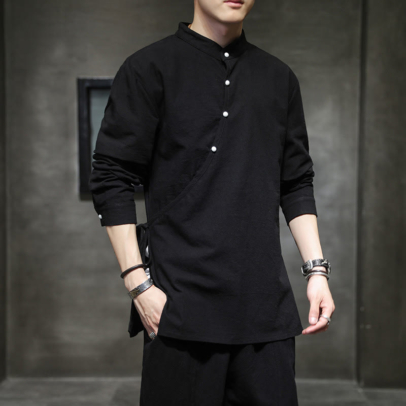 Nimara Ritual Plain Lace-Up Simple Button Design Men's Long Sleeve Cotton Linen Shirt Clothing