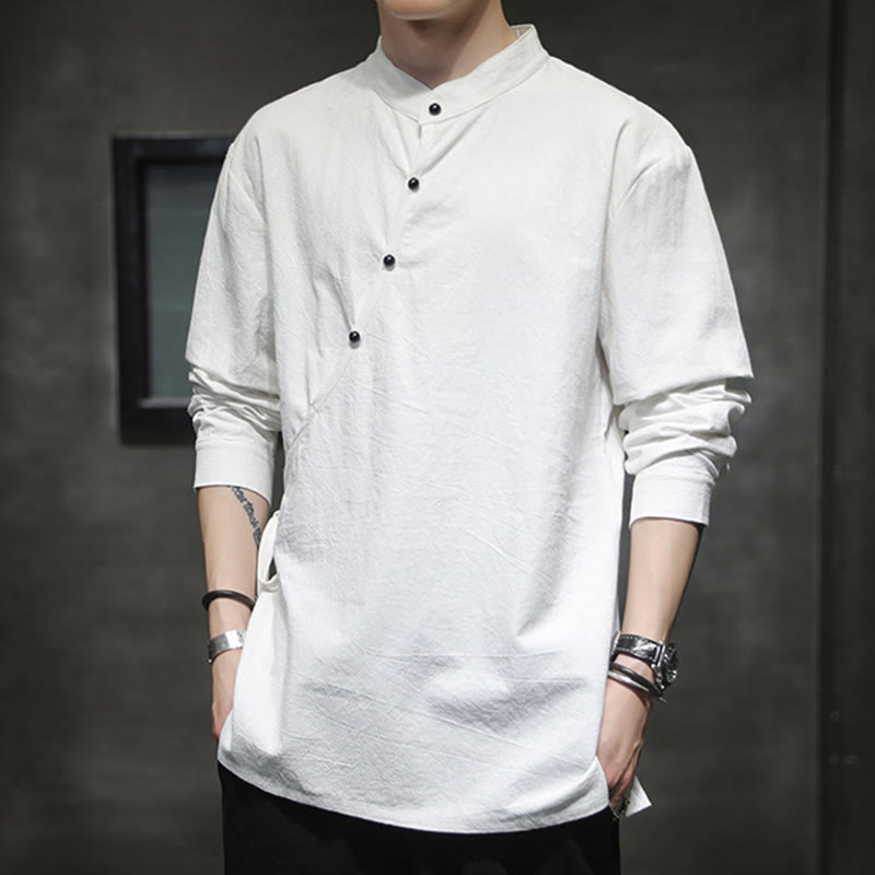 Nimara Ritual Plain Lace-Up Simple Button Design Men's Long Sleeve Cotton Linen Shirt Clothing