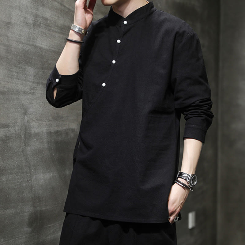 Nimara Ritual Plain Lace-Up Simple Button Design Men's Long Sleeve Cotton Linen Shirt Clothing
