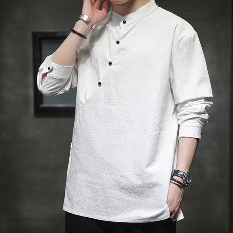 Nimara Ritual Plain Lace-Up Simple Button Design Men's Long Sleeve Cotton Linen Shirt Clothing