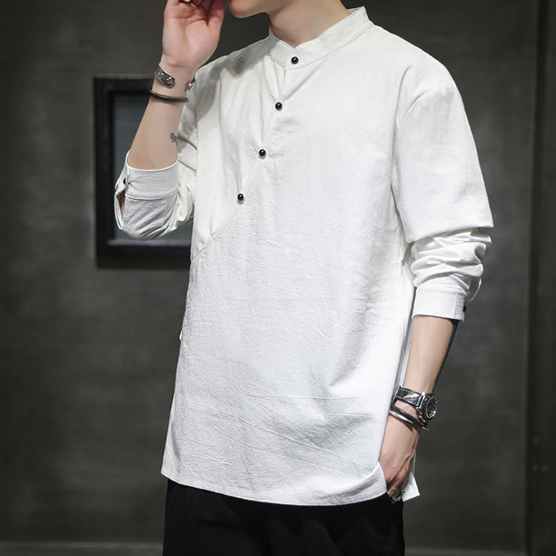 Nimara Ritual Plain Lace-Up Simple Button Design Men's Long Sleeve Cotton Linen Shirt Clothing