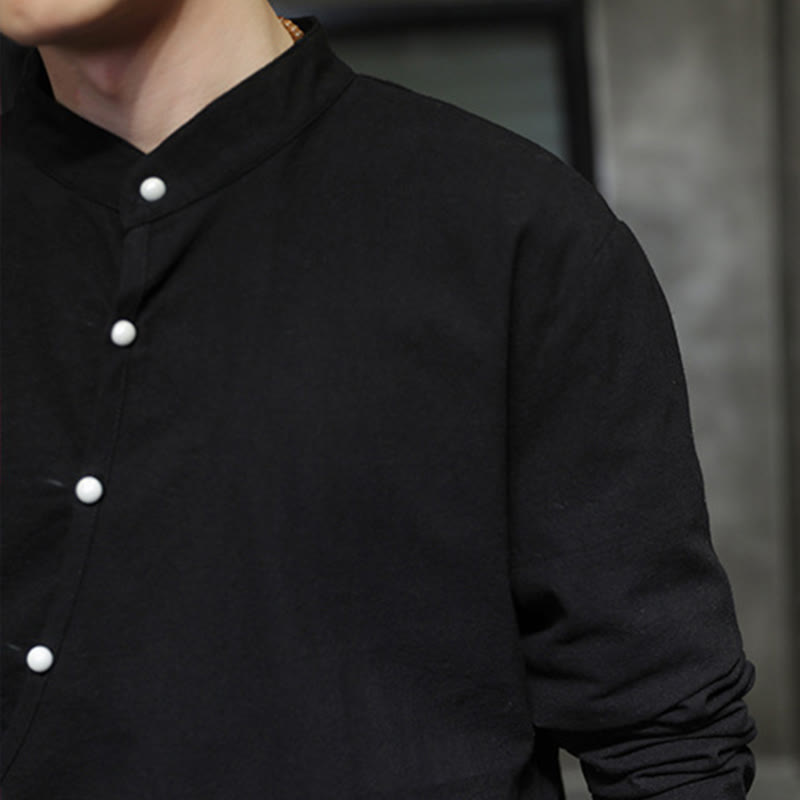 Nimara Ritual Plain Lace-Up Simple Button Design Men's Long Sleeve Cotton Linen Shirt Clothing