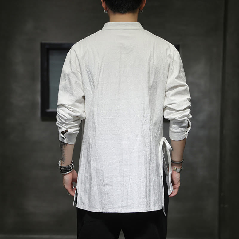 Nimara Ritual Plain Lace-Up Simple Button Design Men's Long Sleeve Cotton Linen Shirt Clothing