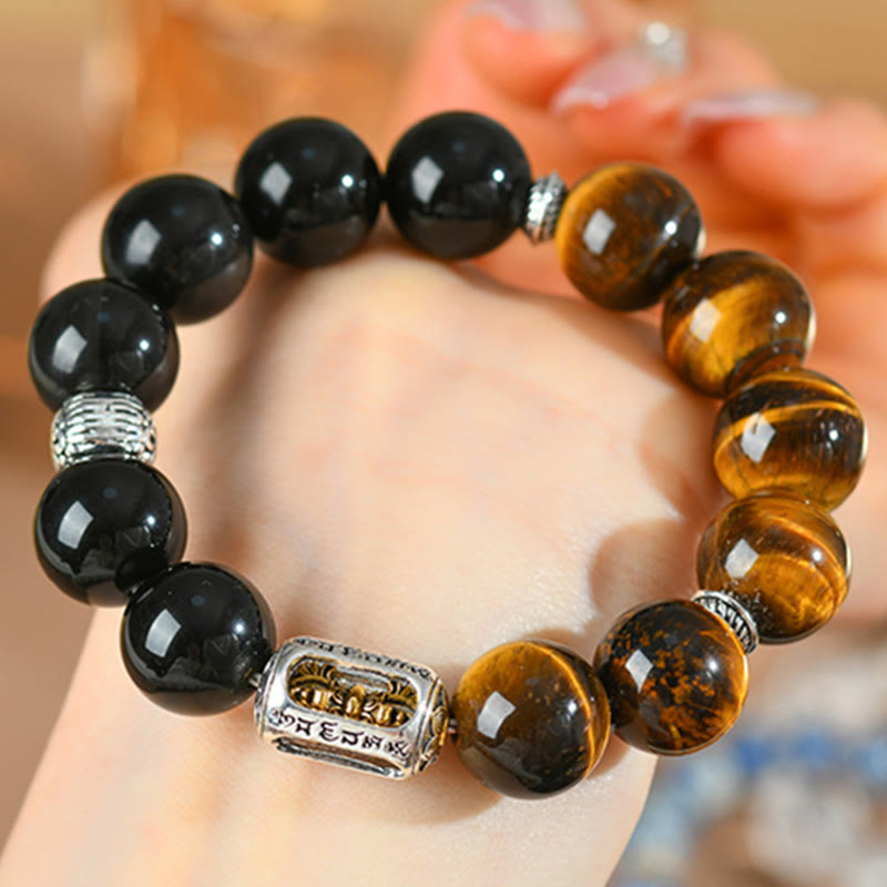 Nimara Ritual Natural Silver Sheen Obsidian Tiger Eye Vajra Protection Bracelet