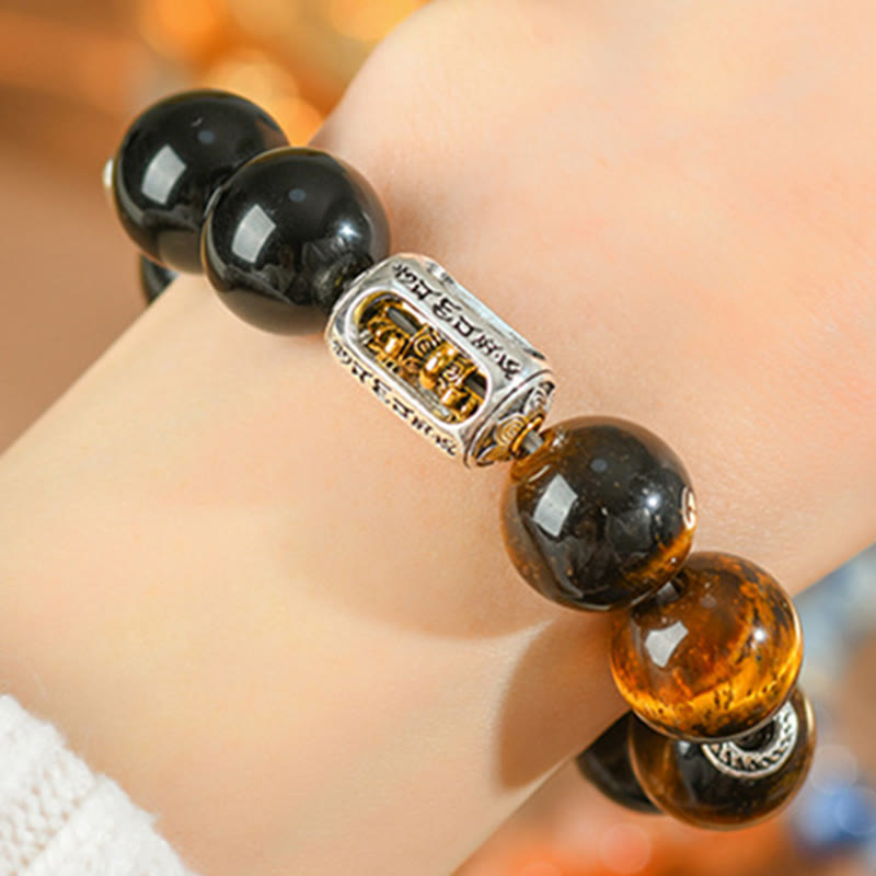 Nimara Ritual Natural Silver Sheen Obsidian Tiger Eye Vajra Protection Bracelet