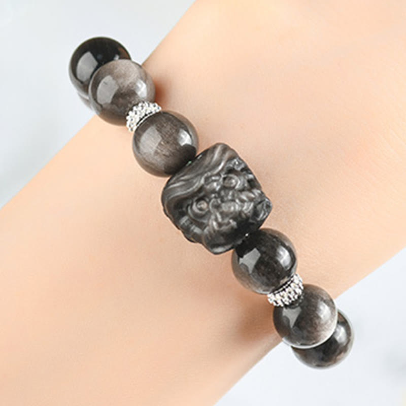 Nimara Ritual Natural Silver Sheen Obsidian Lion Dance Protection Bracelet