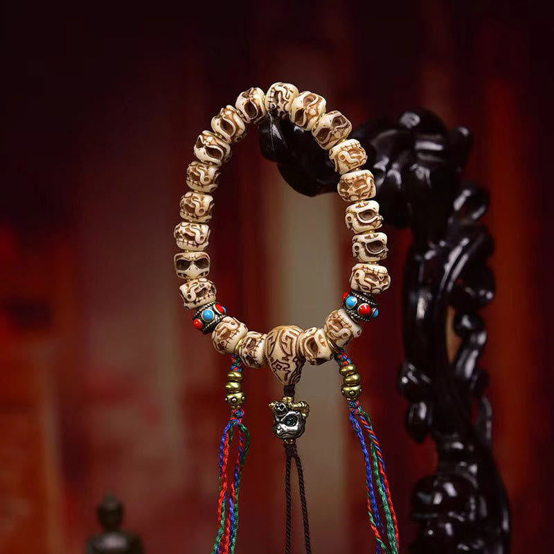 Nimara Ritual Tibetan Camel Bone Garuda Carved Protection Tassel Bracelet