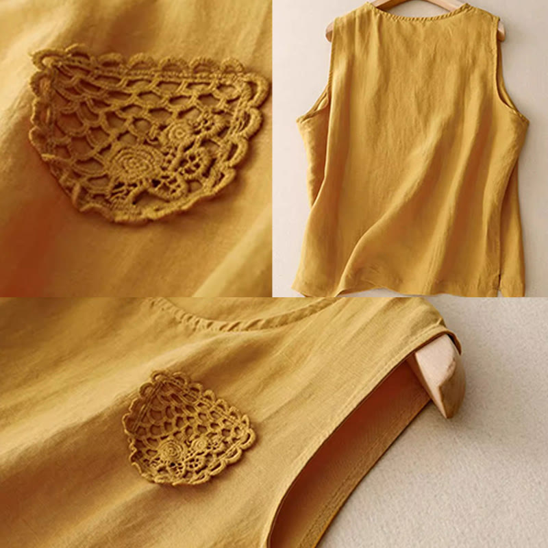 Nimara Ritual Casual Pure Color Embroidery Patchwork Design Sleeveless Crew Neck Women's Vest