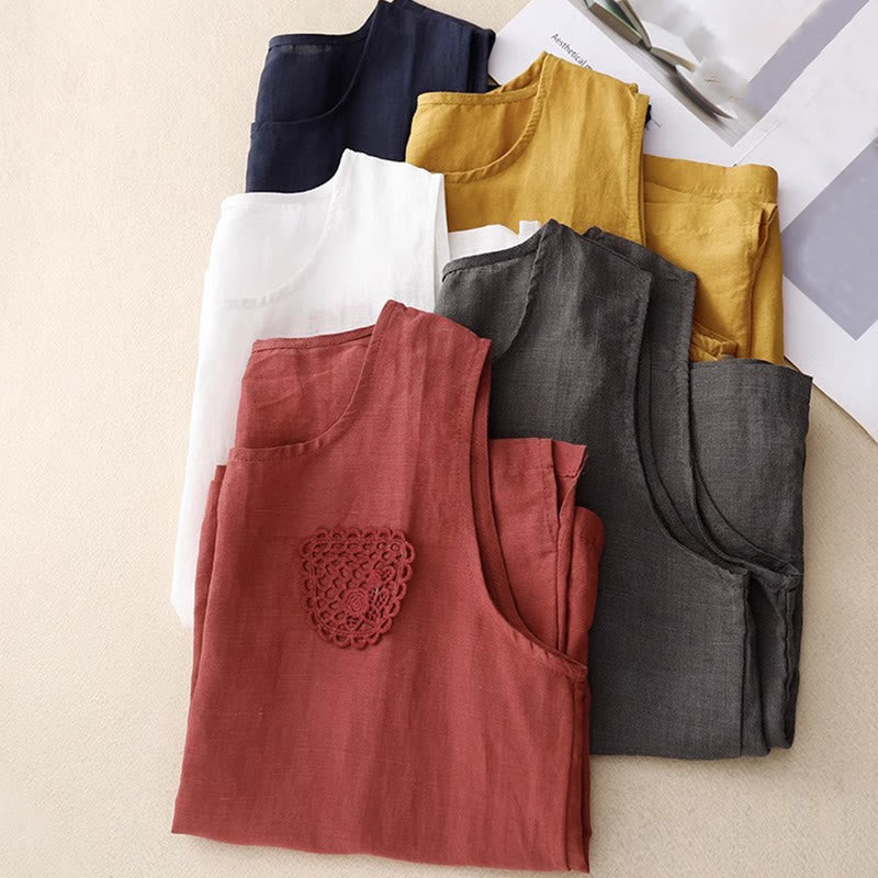 Nimara Ritual Casual Pure Color Embroidery Patchwork Design Sleeveless Crew Neck Women's Vest