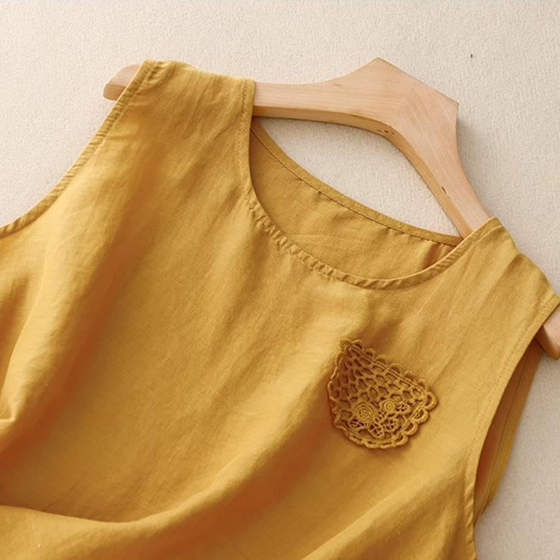 Nimara Ritual Casual Pure Color Embroidery Patchwork Design Sleeveless Crew Neck Women's Vest