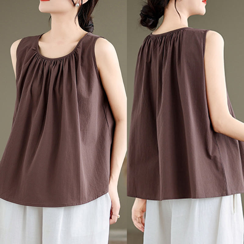 Nimara Ritual Summer Artistic Solid Color Pleated Crew Neck Design Women's Cotton Linen Vest