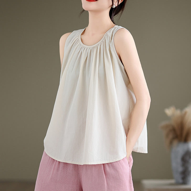 Nimara Ritual Summer Artistic Solid Color Pleated Crew Neck Design Women's Cotton Linen Vest