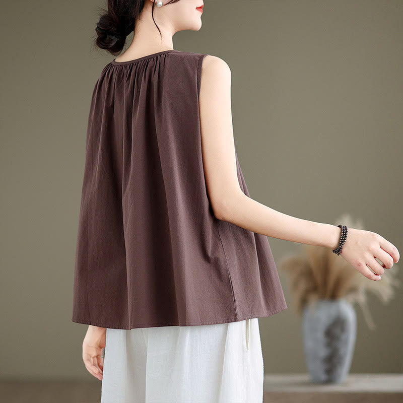 Nimara Ritual Summer Artistic Solid Color Pleated Crew Neck Design Women's Cotton Linen Vest