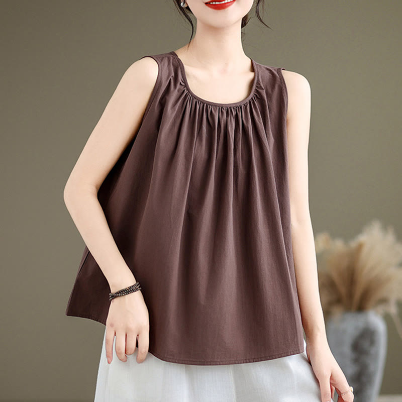 Nimara Ritual Summer Artistic Solid Color Pleated Crew Neck Design Women's Cotton Linen Vest