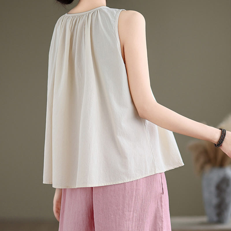 Nimara Ritual Summer Artistic Solid Color Pleated Crew Neck Design Women's Cotton Linen Vest