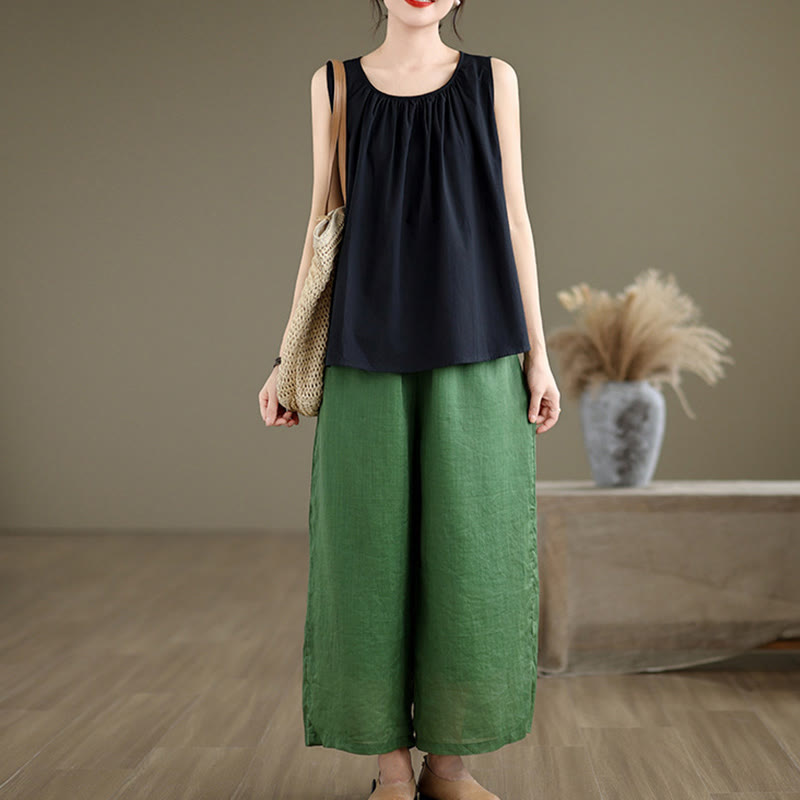 Nimara Ritual Summer Artistic Solid Color Pleated Crew Neck Design Women's Cotton Linen Vest