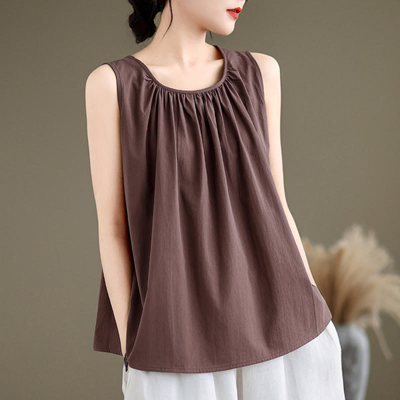 Nimara Ritual Summer Artistic Solid Color Pleated Crew Neck Design Women's Cotton Linen Vest