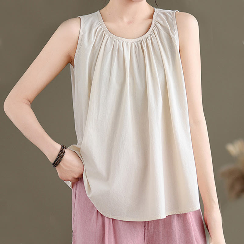 Nimara Ritual Summer Artistic Solid Color Pleated Crew Neck Design Women's Cotton Linen Vest