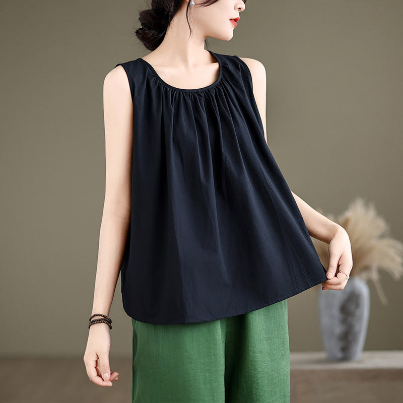 Nimara Ritual Summer Artistic Solid Color Pleated Crew Neck Design Women's Cotton Linen Vest