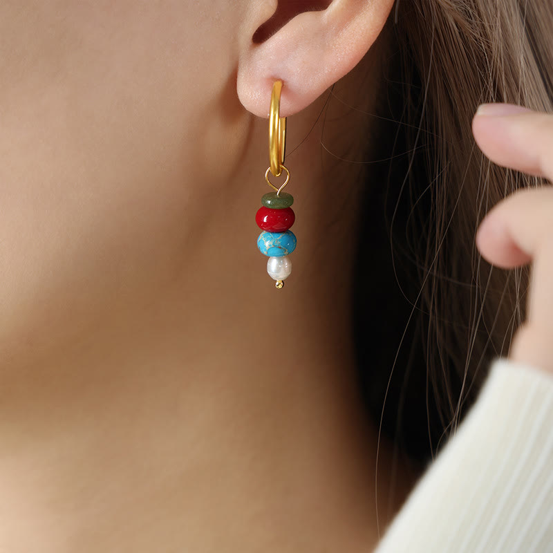 Nimara Ritual Tibetan Marnyi Stone Design Natural Red Agate Pearl Confidence Titanium Steel Earrings