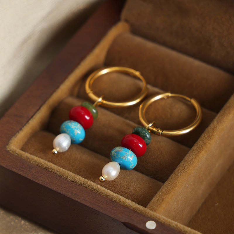 Nimara Ritual Tibetan Marnyi Stone Design Natural Red Agate Pearl Confidence Titanium Steel Earrings