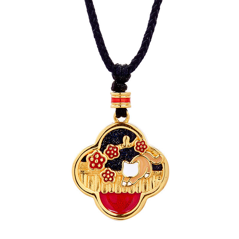 Nimara Ritual 925 Sterling Silver Plum Blossom Cat Four Leaf Clover Blessing Necklace Pendant