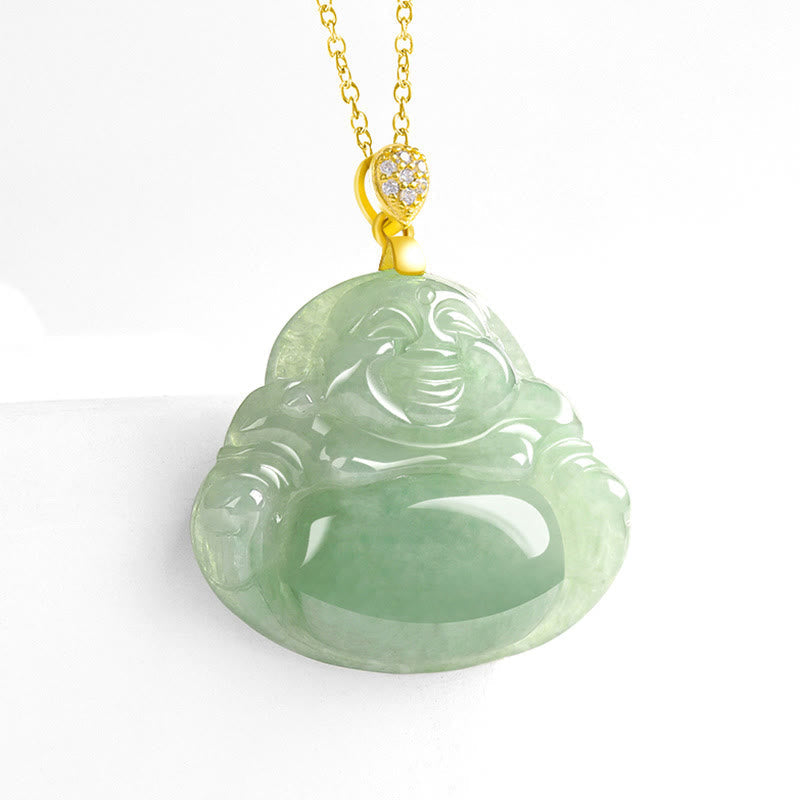 Nimara Ritual Natural Jade Laughing Buddha Luck Prosperity Titanium Steel Chain Necklace Pendant
