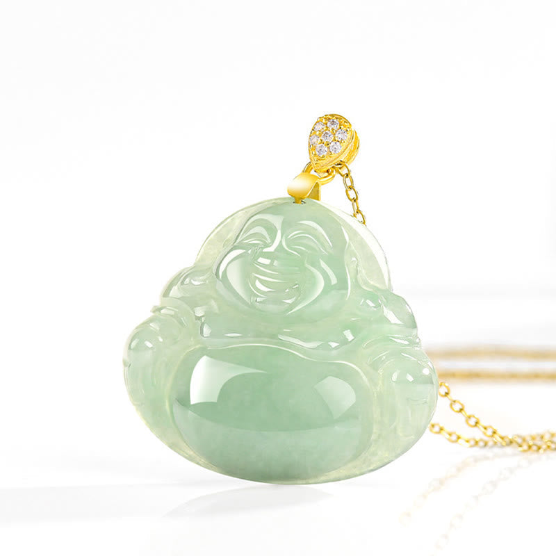 Nimara Ritual Natural Jade Laughing Buddha Luck Prosperity Titanium Steel Chain Necklace Pendant