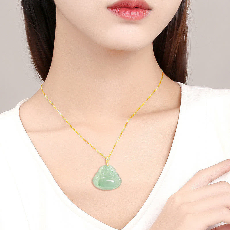Nimara Ritual Natural Jade Laughing Buddha Luck Prosperity Titanium Steel Chain Necklace Pendant
