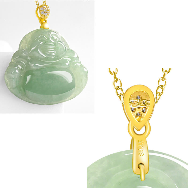 Nimara Ritual Natural Jade Laughing Buddha Luck Prosperity Titanium Steel Chain Necklace Pendant