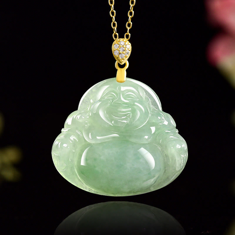 Nimara Ritual Natural Jade Laughing Buddha Luck Prosperity Titanium Steel Chain Necklace Pendant