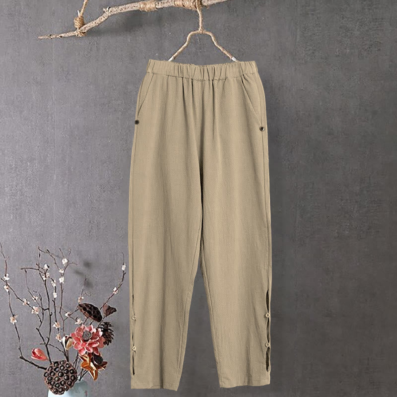 Nimara Ritual Casual Pure Color Hollow Button Cuff Design Women's Cotton Linen Pants With Pockets
