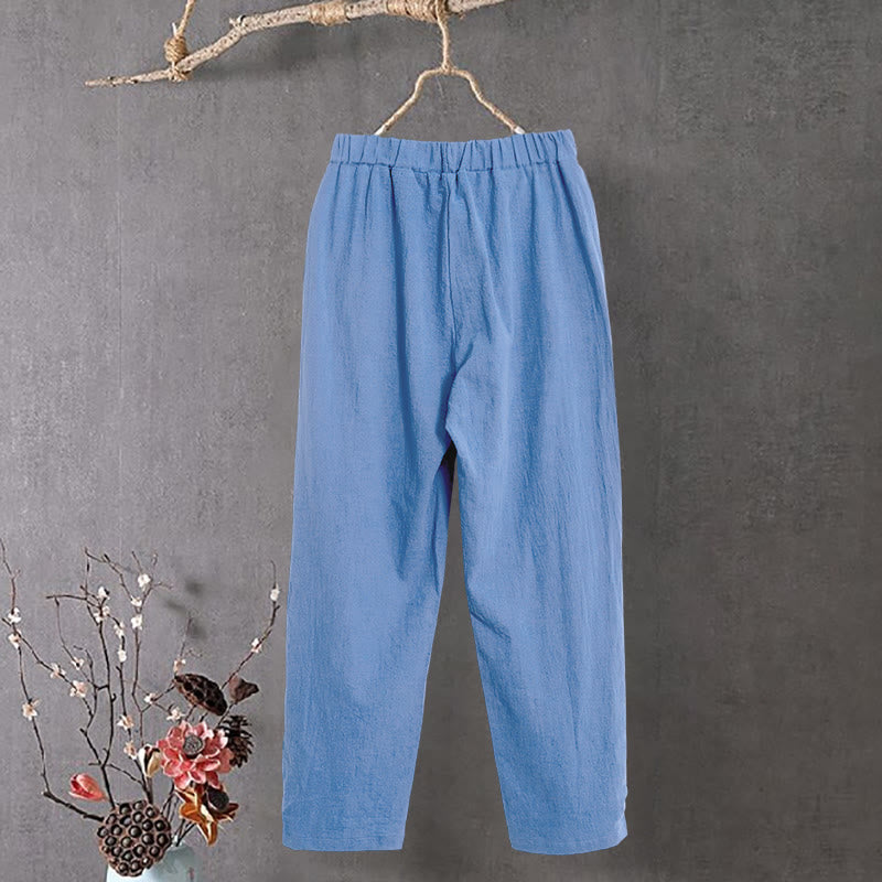 Nimara Ritual Casual Pure Color Hollow Button Cuff Design Women's Cotton Linen Pants With Pockets