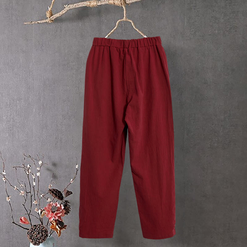 Nimara Ritual Casual Pure Color Hollow Button Cuff Design Women's Cotton Linen Pants With Pockets