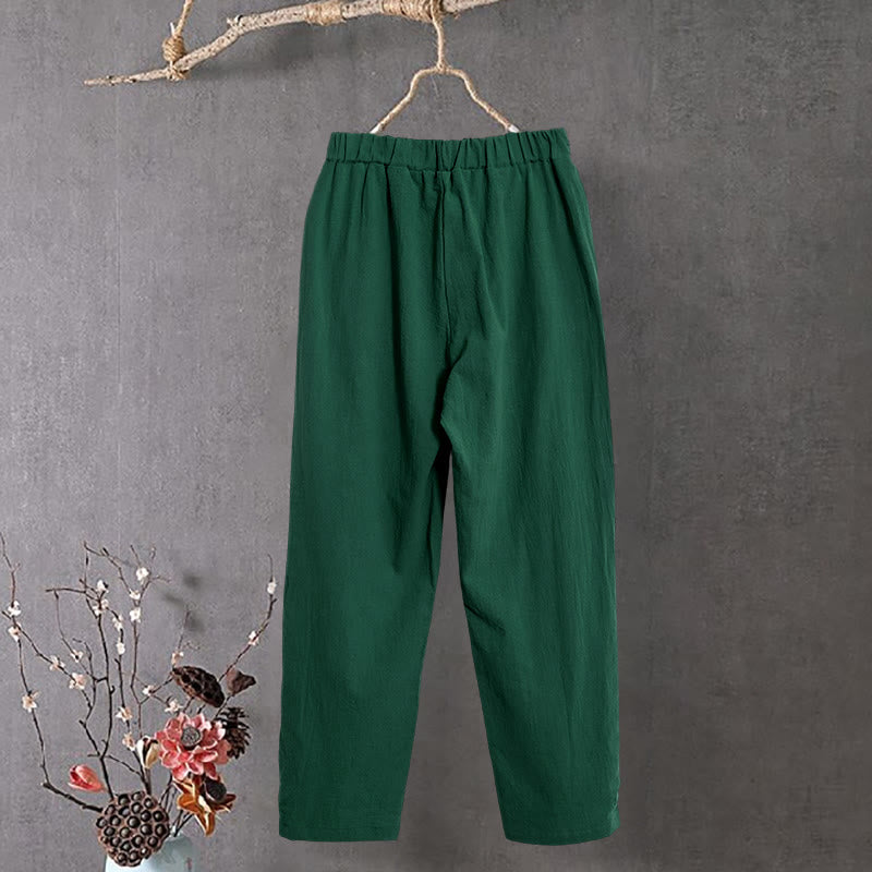 Nimara Ritual Casual Pure Color Hollow Button Cuff Design Women's Cotton Linen Pants With Pockets