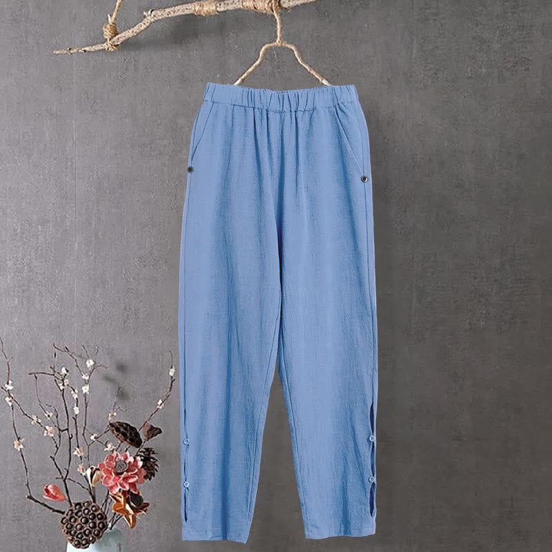 Nimara Ritual Casual Pure Color Hollow Button Cuff Design Women's Cotton Linen Pants With Pockets