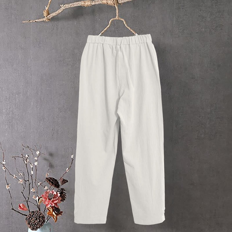 Nimara Ritual Casual Pure Color Hollow Button Cuff Design Women's Cotton Linen Pants With Pockets