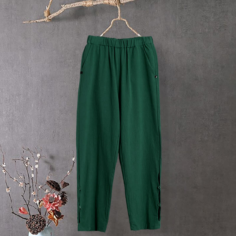 Nimara Ritual Casual Pure Color Hollow Button Cuff Design Women's Cotton Linen Pants With Pockets