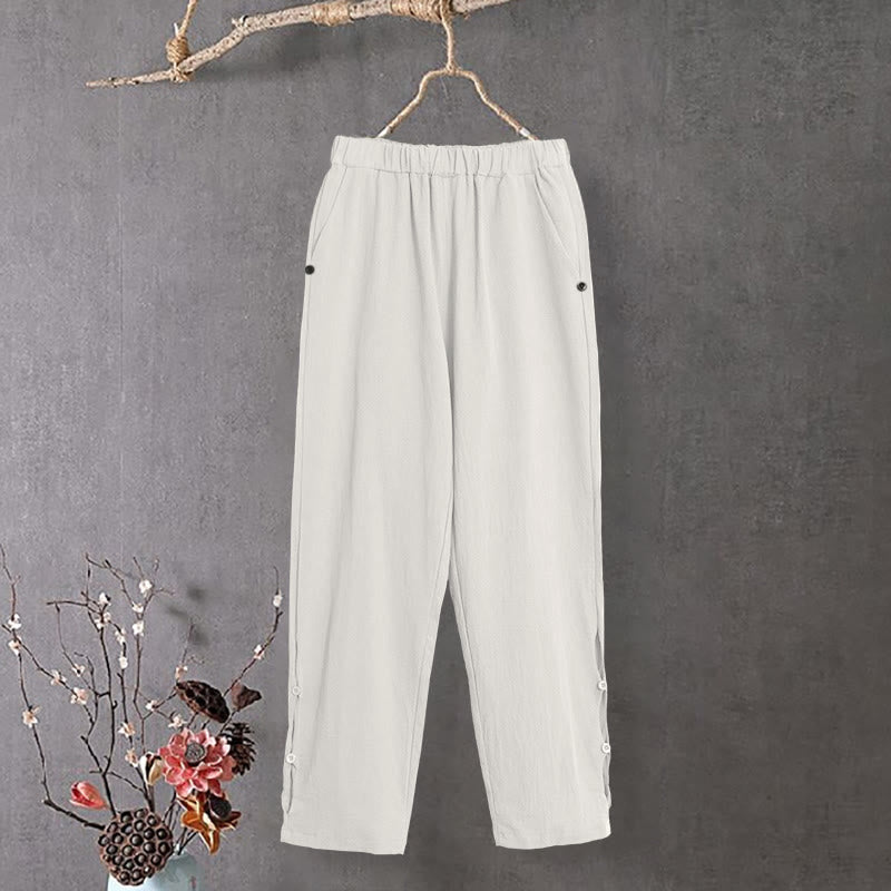 Nimara Ritual Casual Pure Color Hollow Button Cuff Design Women's Cotton Linen Pants With Pockets