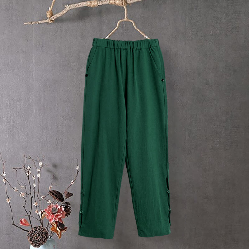 Nimara Ritual Casual Pure Color Hollow Button Cuff Design Women's Cotton Linen Pants With Pockets