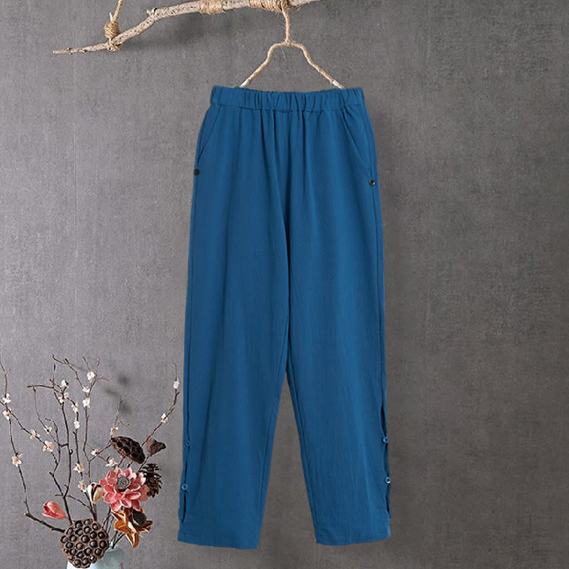 Nimara Ritual Casual Pure Color Hollow Button Cuff Design Women's Cotton Linen Pants With Pockets