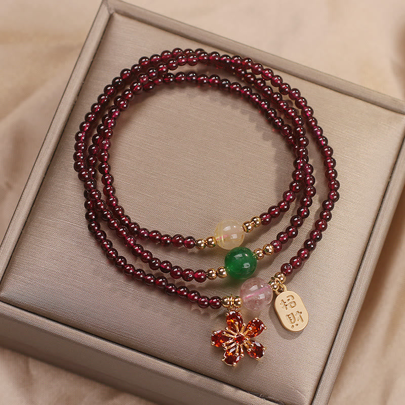 Nimara Ritual Natural 3mm Ultra-thin Garnet Beads Cherry Blossom Flower Attract Fortune Protection Multilayer Bracelet