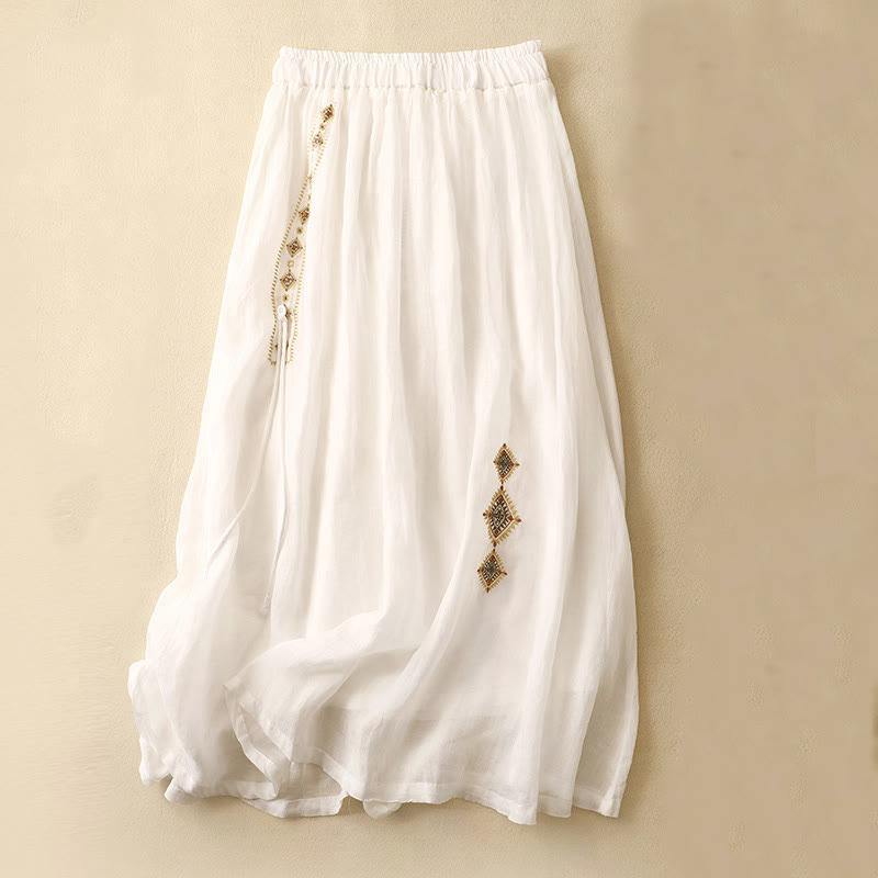 Nimara Ritual Ethnic Vintage Embroidery Button Design Women's Cotton Linen 7-8 Length Skirt
