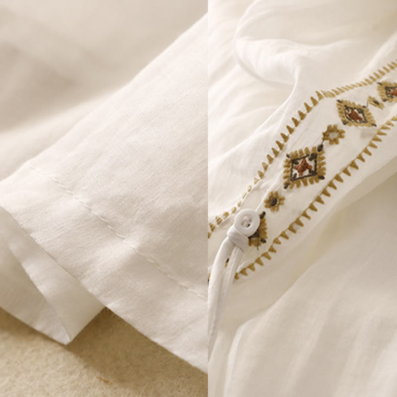 Nimara Ritual Ethnic Vintage Embroidery Button Design Women's Cotton Linen 7-8 Length Skirt
