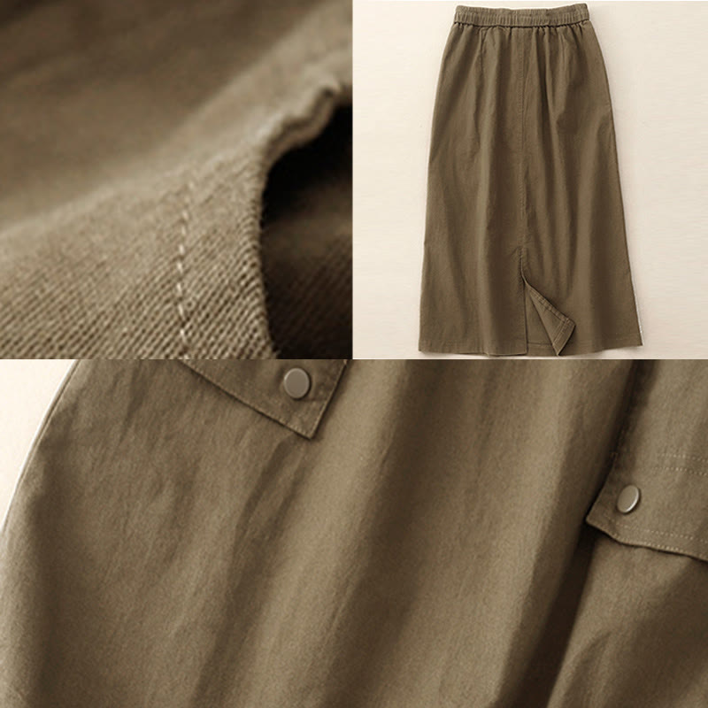 Nimara Ritual Vintage Plain Drawstring Button Design Slide Slite Women's Cotton Linen 7-8 Length Skirt With Pockets