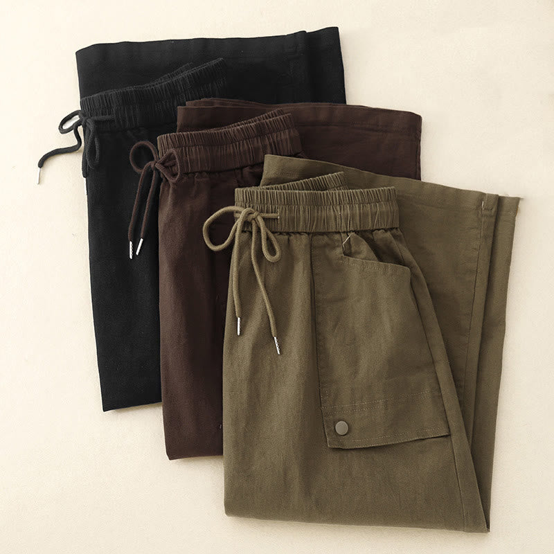 Nimara Ritual Vintage Plain Drawstring Button Design Slide Slite Women's Cotton Linen 7-8 Length Skirt With Pockets