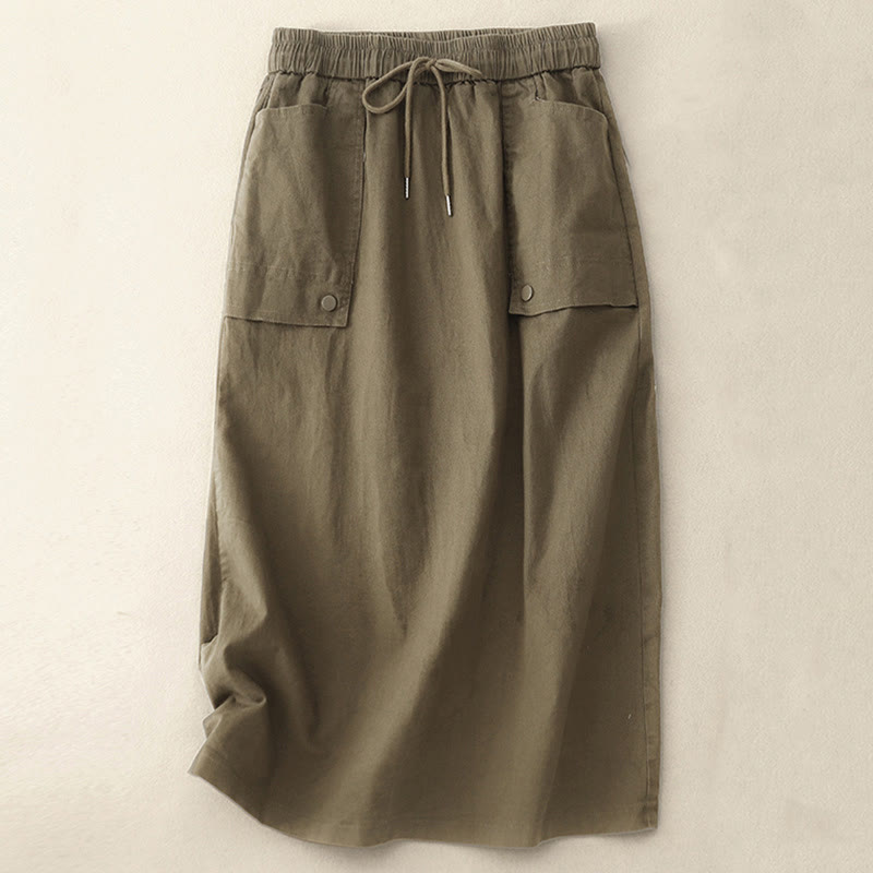 Nimara Ritual Vintage Plain Drawstring Button Design Slide Slite Women's Cotton Linen 7-8 Length Skirt With Pockets